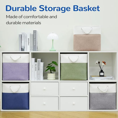13 x 13 Inch Cube Storage Bins, 6 Pack Fabric Storage Basket with Handles, Foldable Boxes Organizer for Shelf Baskets for Home, Clothes (White/Blue)