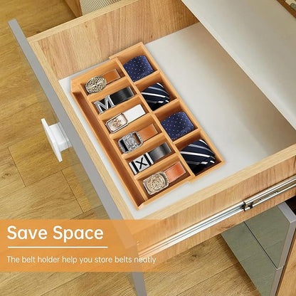 Adjustable Wood Belt Organizer, 10 Compartments Belt Rack and Tie Storage Holder for Closet and Drawer, Belt Holder Organizer and Displayer, Tie Holder Storage for Men Women, Wood Color