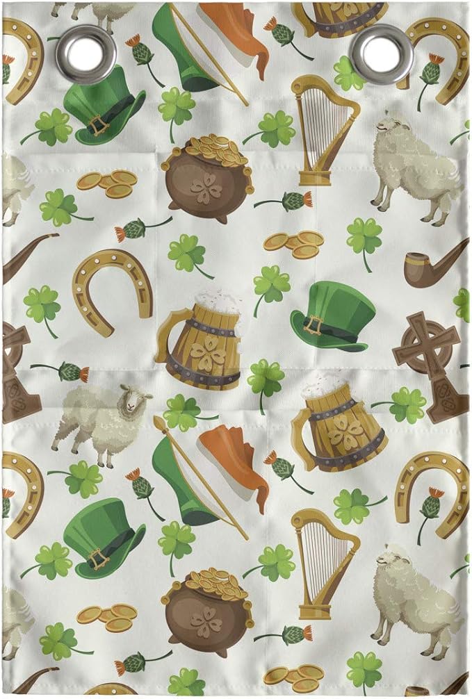 Ambesonne Clover Hanging Pocket Organizer, Irish Culture Themed Pattern Beer Horse Shoe Coin Pot Leprechaun Hat, Printed Polyester Storage Bag with Pockets, 14" x 20", Ivory Multicolor