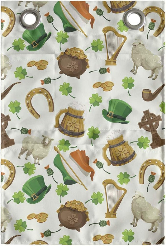 Ambesonne Clover Hanging Pocket Organizer, Irish Culture Themed Pattern Beer Horse Shoe Coin Pot Leprechaun Hat, Printed Polyester Storage Bag with Pockets, 14" x 20", Ivory Multicolor