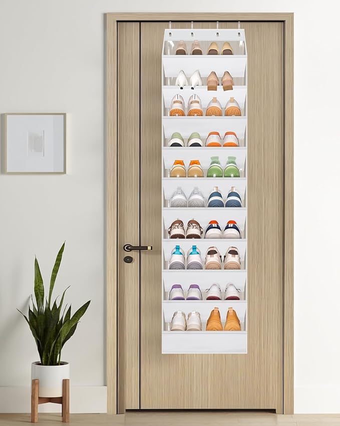 AOODA 10 Tier Clear Over the Door Shoe Organizer Storage, Deep Pockets Large Hanging Shoe Rack for Closet Door, Fit 20 Pairs Sneaker Holder Hanger for Boots (White)