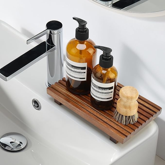 Acacia Wood Risers for Bathroom Tray Kitchen Counter Decor Bathroom Sink Accessories Decorative Wooden Riser Pedestal Stand for Kitchen Soap Tray Vanity Bathroom Countertop Sink Tray Dish Soap Holder