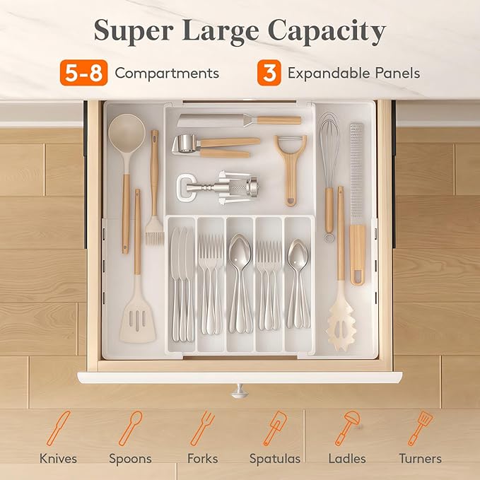Lifewit Silverware Drawer Organizer, Expandable Utensil Tray for Kitchen, BPA Free Flatware and Cutlery Holder, Adjustable Plastic Storage for Spoons Forks Knives, 5-8 Slots, White