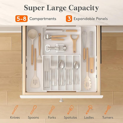 Lifewit Silverware Drawer Organizer, Expandable Utensil Tray for Kitchen, BPA Free Flatware and Cutlery Holder, Adjustable Plastic Storage for Spoons Forks Knives, 5-8 Slots, White