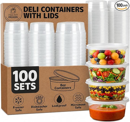 Healthy Packers Plastic Deli Containers with Lids (8oz 100 Sets) - Clear Plastic Containers with Airtight Lids - Great for Your Slime Kit, Food - BPA Free | Leakproof - Microwaveable & Freezer Safe