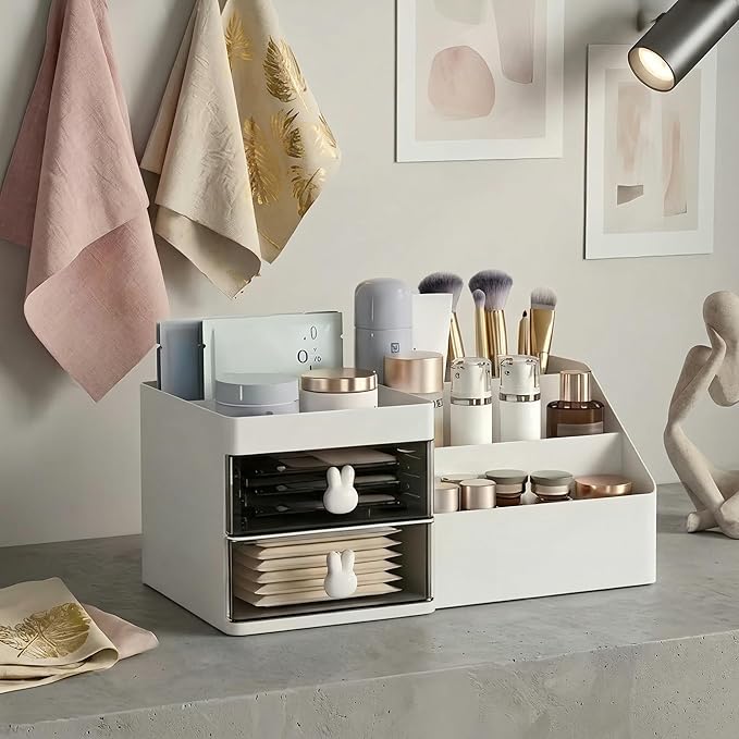 Makeup Organizer With 2 Drawers, Countertop Organizer For Vanity, Bathroom Organizers And Storage, Bathroom And Bedroom Desk Cosmetics Organizer For Skin Care, Brushes, Eyeshadow, Lotions (White)