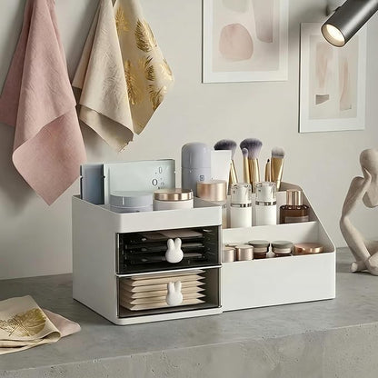 Makeup Organizer With 2 Drawers, Countertop Organizer For Vanity, Bathroom Organizers And Storage, Bathroom And Bedroom Desk Cosmetics Organizer For Skin Care, Brushes, Eyeshadow, Lotions (White)