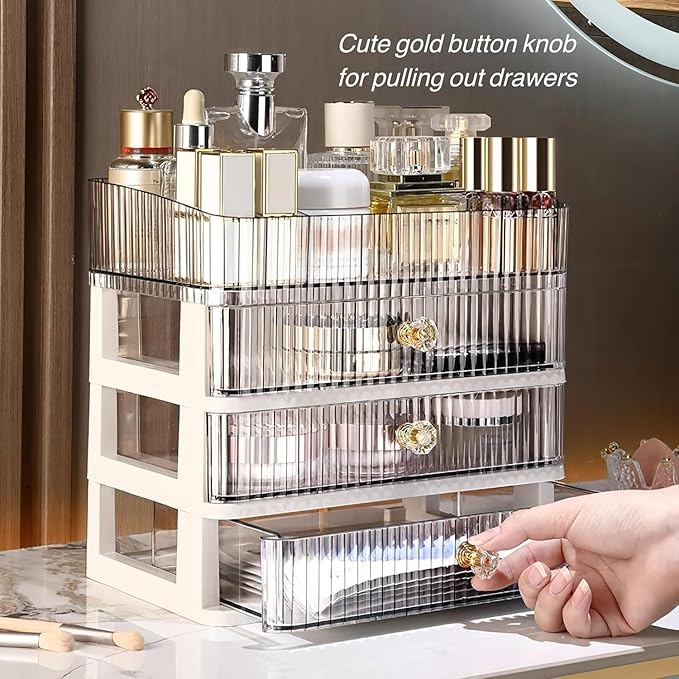 Clear Makeup Organizer with 3 Drawers, Bathroom Organizer and Storage, Ideal for Desk and Dresser Vanity Countertop, Great for Cosmetics, Skincare, Perfume,Toiletry