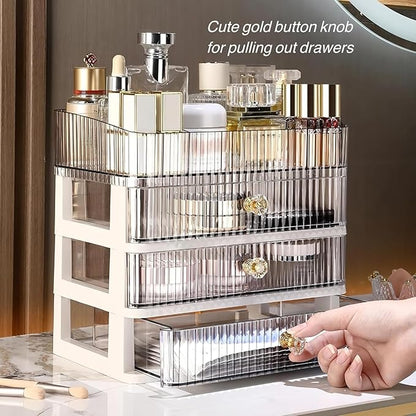 Clear Makeup Organizer with 3 Drawers, Bathroom Organizer and Storage, Ideal for Desk and Dresser Vanity Countertop, Great for Cosmetics, Skincare, Perfume,Toiletry