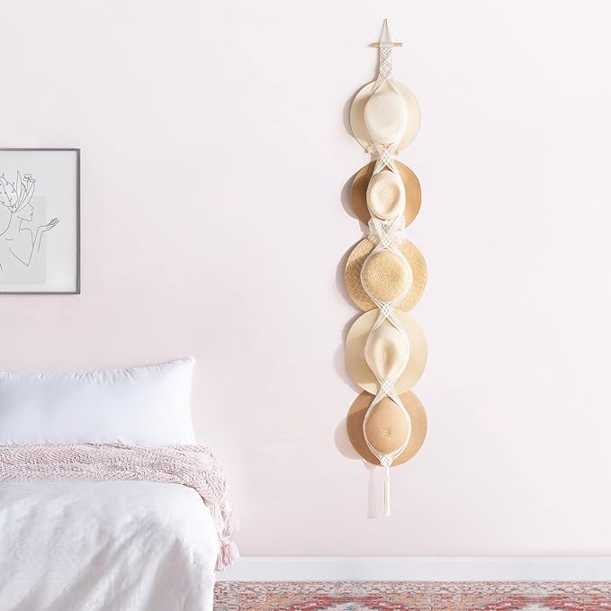 Dahey Macrame Hat Hangers Hat Rack for Wall Cowboy Hat Organizer Hanging Display Hand Weaving Bobo Hat Holder Westen Decor for Wide Brim Hats Bowler Fedora Hats, 5 Hats Style