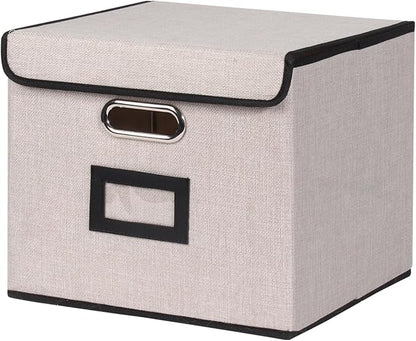 Large Square Storage Bin with Lid, Foldable Organizer Box with Handles & Label Design, for Office, Closet, Home, Documents, Grey, 12.20 x 10.63 x 10.63 Inches, 1 Pack