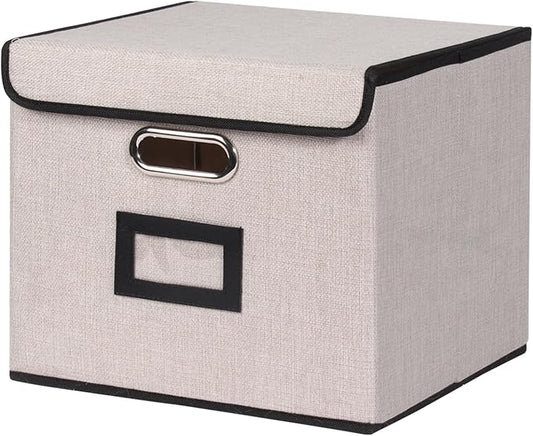 Large Square Storage Bin with Lid, Foldable Organizer Box with Handles & Label Design, for Office, Closet, Home, Documents, Grey, 12.20 x 10.63 x 10.63 Inches, 1 Pack