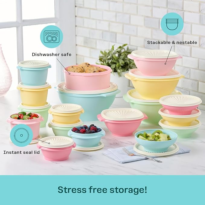 Tupperware Heritage Collection 36 Piece Food Storage Container Set in Vintage Colors- Dishwasher Safe & BPA Free - (18 containers + 18 lids)