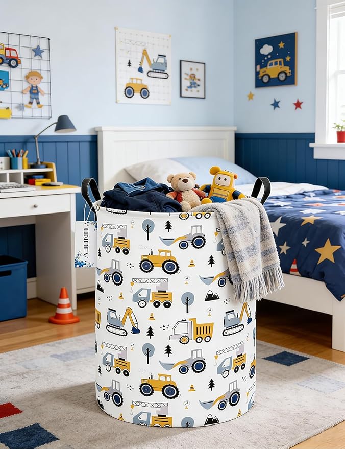Round Construction Truck Collapsible Laundry Hamper for Nursery,Cute Forest Vehicles Excavator Toy Storage Bin for Kids Boys,Storage Basket for Home,Bedroom,Playroom,New Parent Gift(Excavator)