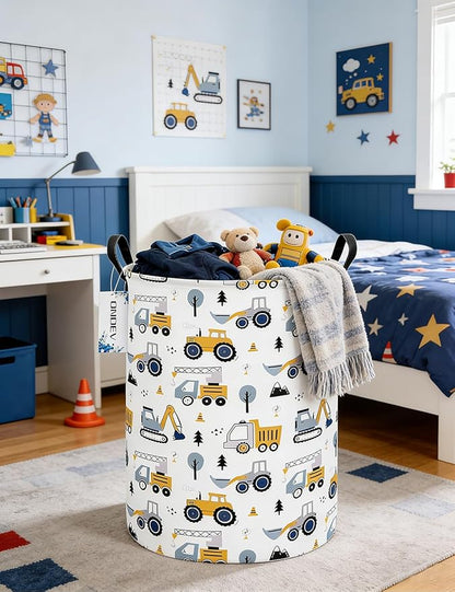 Round Construction Truck Collapsible Laundry Hamper for Nursery,Cute Forest Vehicles Excavator Toy Storage Bin for Kids Boys,Storage Basket for Home,Bedroom,Playroom,New Parent Gift(Excavator)