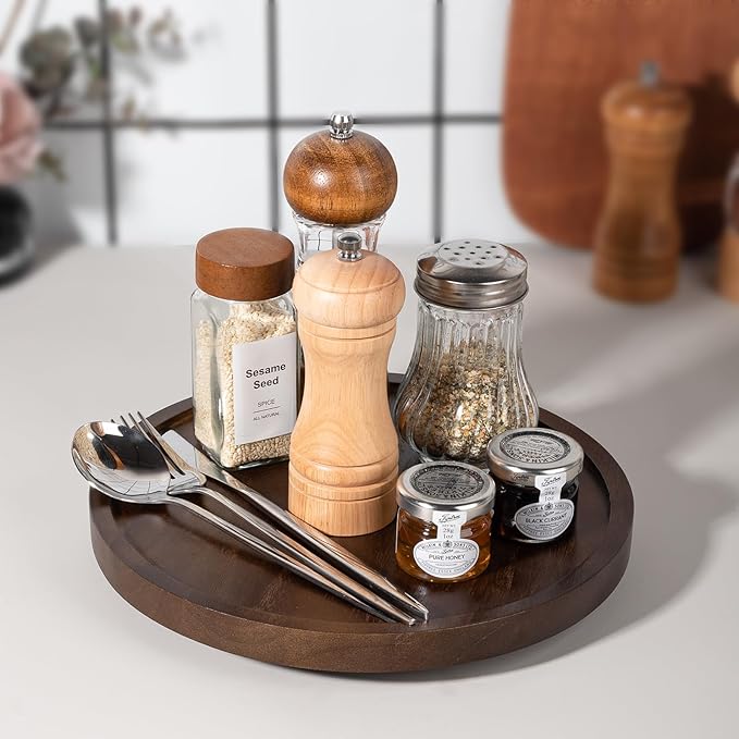 Wood Lazy Susan Organizer Kitchen Turntable for Cabinet Farmhouse Bathroom Decor Round Decorative Tray for Vanity, Counter, Sink, Coffee Table, 10 Inch, Walnut