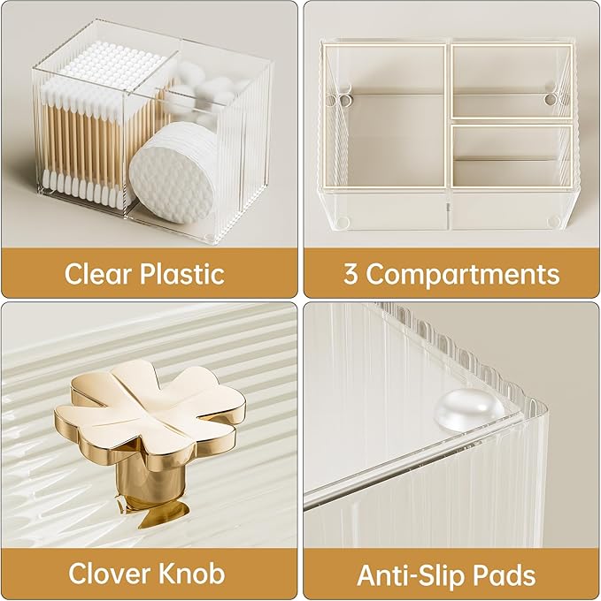 Q Tip Holder for Bathroom with 3 Compartments, Cute Clear Plastic Bathroom Container Jars Canister Dispenser with Lid for Cotton Swab, Ball, Pad, Round, Floss, Bathroom Organizer and Storage