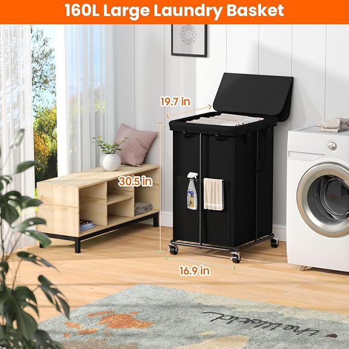 160L Laundry Hamper with Lid, Rolling Laundry Basket with Wheels, Large & Tall Dirty Clothes Hamper with Metal Frame and Removable Bag for Bedroom Aesthetic, Laundry Room, Bathroom, Dorm-Black