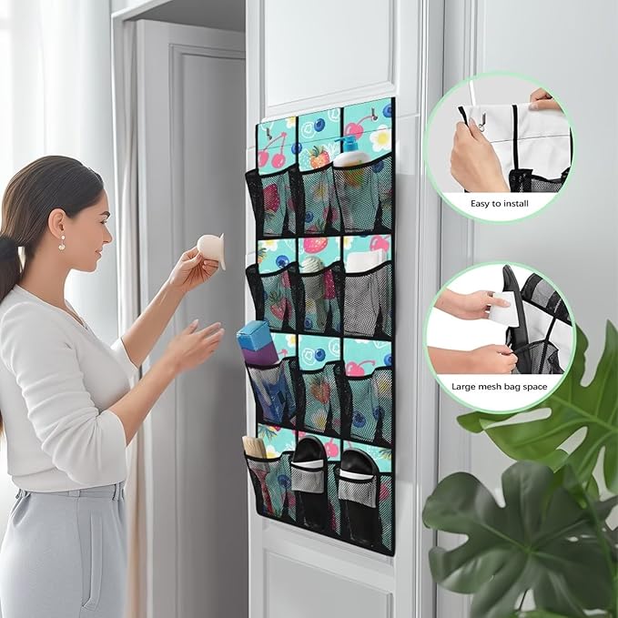 12-Pocket Foldable Door Hanging Organizer, Oxford Cloth Waterproof and Ideal for Bathroom Closet or Kitchen Storage Needs, Strawberry Blueberry Cherry