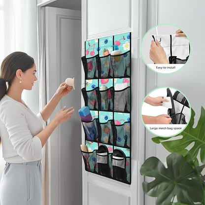 12-Pocket Foldable Door Hanging Organizer, Oxford Cloth Waterproof and Ideal for Bathroom Closet or Kitchen Storage Needs, Strawberry Blueberry Cherry