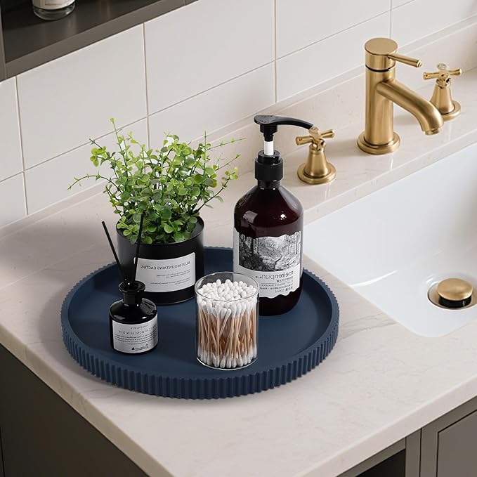 Silicone Bathroom Tray Round Kitchen Counter Organizer Decorative Vanity Accessories Coffee Table Decor for Perfume, Candle, Soap Dish, 12 Inch, Dark Blue