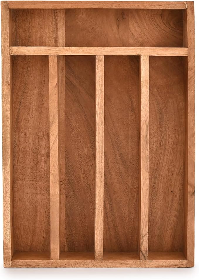 Flatware Organizers Acacia Wood Silverware Organizer, Utensil Drawer Organizer for Cutlery 5 Slots for Flatware Cutlery Knives (14" X 10" X 2")