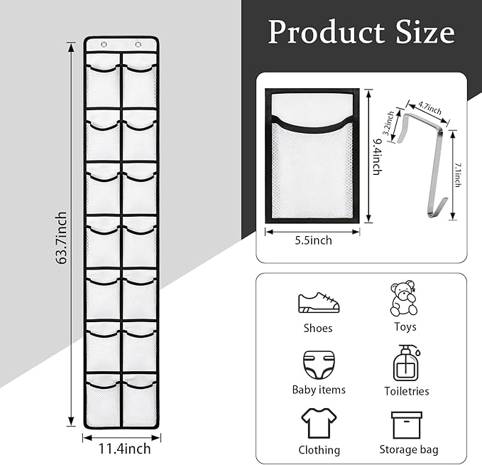 Over the Door Shoe Organizer, 14 Large Breathable Mesh Pockets, Space Saving Hanging Storage, Holds Up to 40 lbs, Hangs on Closets for Shoes, Accessories, White