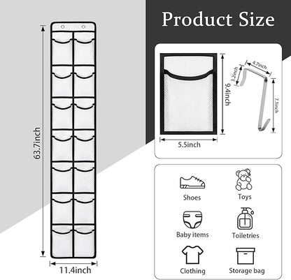 Over the Door Shoe Organizer, 14 Large Breathable Mesh Pockets, Space Saving Hanging Storage, Holds Up to 40 lbs, Hangs on Closets for Shoes, Accessories, White