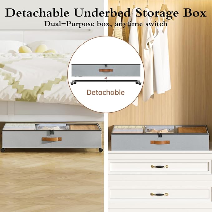 Yecaye Under Bed Storage with Wheels, 2 Pack Under Bed Storage Containers with Adjustable Dividers & Clear Window, Rolling Underbed Organizer Bins Drawers for Clothes, Shoes, Blankets, Grey