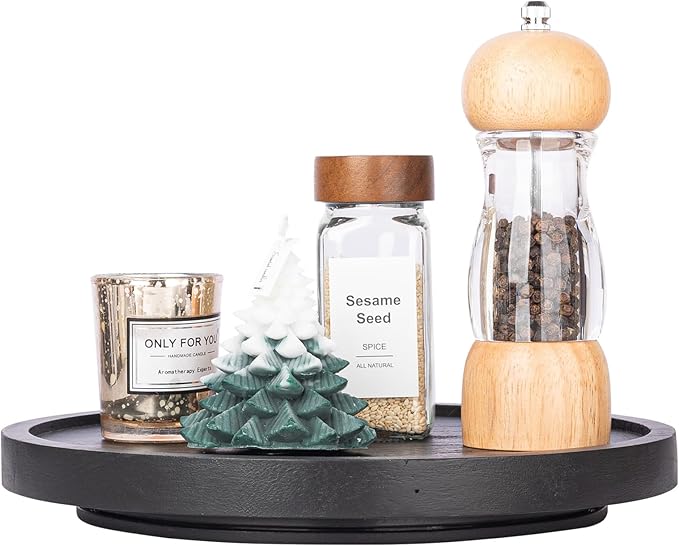 Wood Lazy Susan Organizer Kitchen Turntable for Cabinet Farmhouse Bathroom Decor Round Decorative Tray for Vanity, Counter, Sink, Coffee Table, 10 Inch, Black