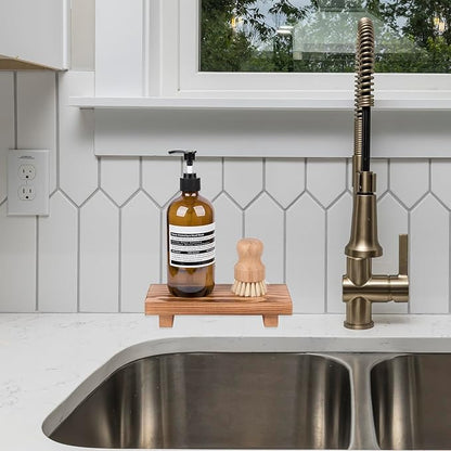 Bathroom Counter Organizer Wood Pedestal Stand Farmhouse Decorative Tray Soap Holder for Kitchen Decor, Small, Brown