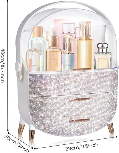 MASSY Egg Shape(Oval) Makeup Storage Box, Countertop Portable Vanity Cosmetics Organizer Preppy Style (Rhinestone White)