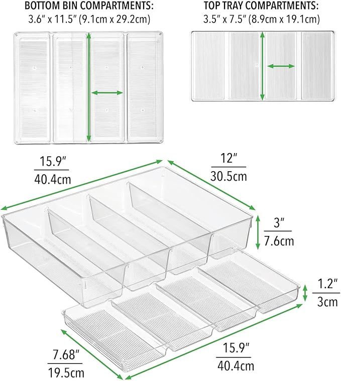 mDesign Plastic Kitchen Drawer Organizer Tray Set - Horizontal Storage Bin for Organizing Cutlery, Flatware, Silverware, Utensil, and Appliances - Ligne Collection - Clear