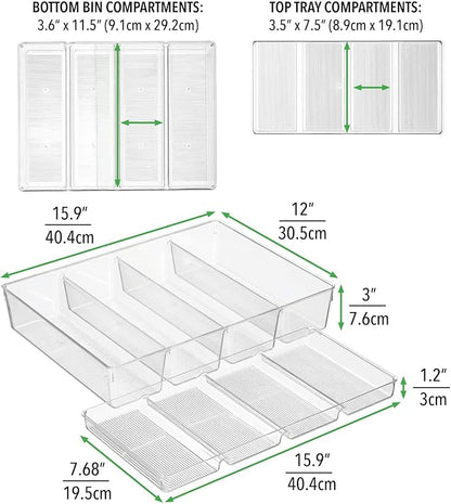 mDesign Plastic Kitchen Drawer Organizer Tray Set - Horizontal Storage Bin for Organizing Cutlery, Flatware, Silverware, Utensil, and Appliances - Ligne Collection - Clear
