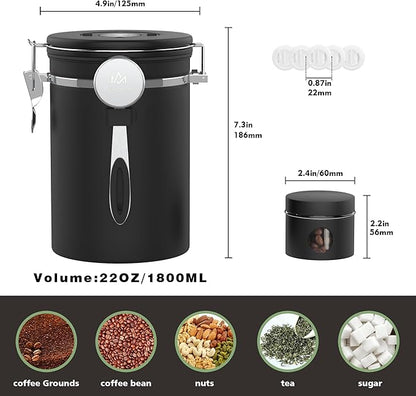Coffee canister set for ground coffee with Date Tracker Travel Coffee jar,Stainless Steel Kitchen Food Airtight storage container for Coffee Beans or Grounds,Tea,Sugar (22oz-Black)