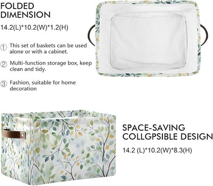 Green Leaves Branches Storage Basket Decorative Fabric Basket Bins Foldable Shelf Closet Basket Storage Box Cube With Handle Organizer Basket For Kids Toys Clothes Bedroom Nursery