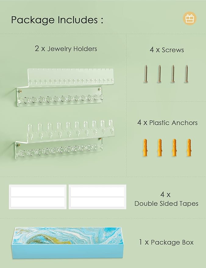 Acrylic Hanging Jewelry Organizer Wall Mounted Jewelry Holder with Floating Shelf, Necklace Holder Organizer, Stud Earring Organizer and Ring Holder for Women Girls (2 Pack)