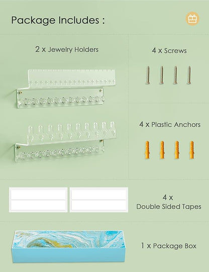 Acrylic Hanging Jewelry Organizer Wall Mounted Jewelry Holder with Floating Shelf, Necklace Holder Organizer, Stud Earring Organizer and Ring Holder for Women Girls (2 Pack)