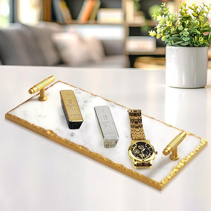 Guest Towel Holder Tray for Bathroom - Premium Marble Tray with Gold Rim - Bathroom Hand Towel Tray, The Perfect Vanity Tray for Bathroom. Ideal Valentines Day Gift.