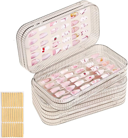 Large Tri-Fold Press On Nail Organizer Case - 4-Page Portable Storage Box for Fake Nails, Clear PET Plastic Travel Holder (6×3.2×1.8 inch) Texture