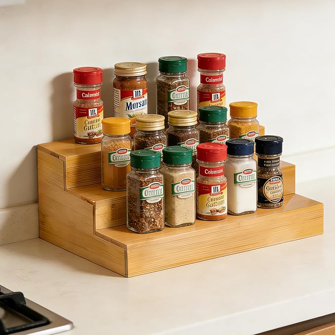 Spice Rack Organizer for Cabinet - Bamboo Spice Shelf, 3 Tier Seasoning Organizer for Countertop, Kitchen, Pantry 2 Pack
