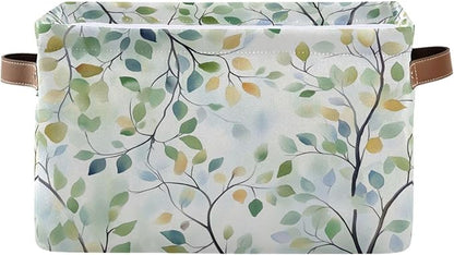 Green Leaves Branches Storage Basket Decorative Fabric Basket Bins Foldable Shelf Closet Basket Storage Box Cube With Handle Organizer Basket For Kids Toys Clothes Bedroom Nursery