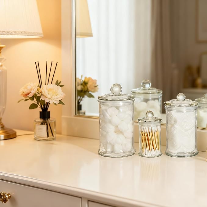Set of 3 Glass Apothecary Jars with Lids, Bathroom Canisters Storage Container Jars, Decorative Small Glass Apothecary Jar for Cotton Swabs, Cotton Balls, Makeup Sponges, Bath Salts