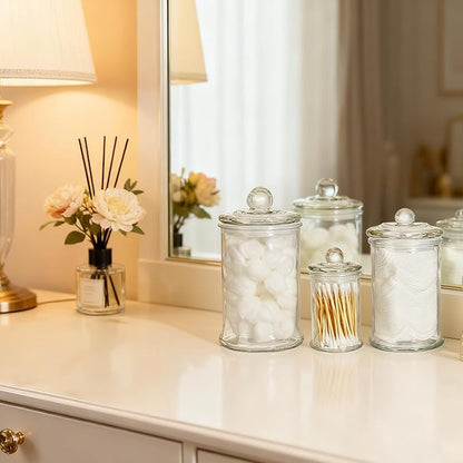 Set of 3 Glass Apothecary Jars with Lids, Bathroom Canisters Storage Container Jars, Decorative Small Glass Apothecary Jar for Cotton Swabs, Cotton Balls, Makeup Sponges, Bath Salts