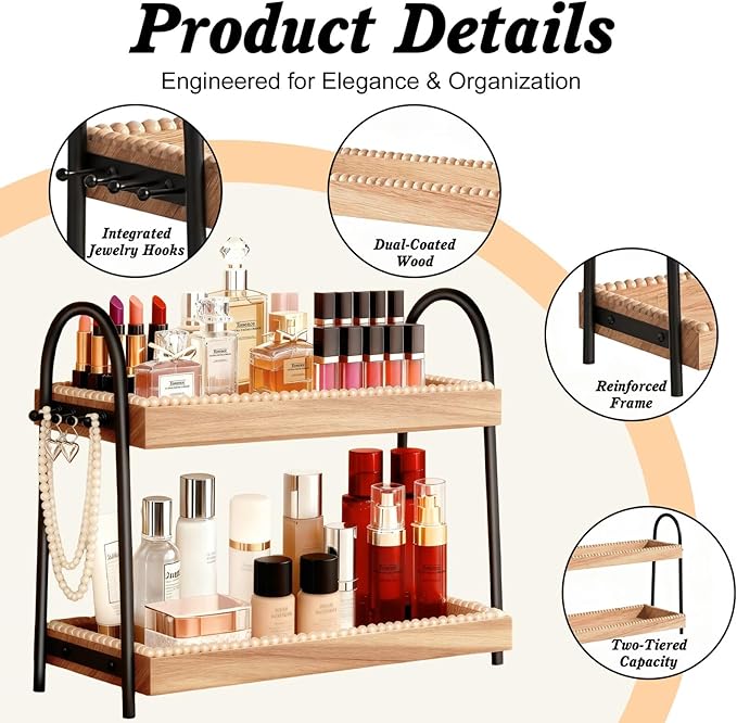 2-Tier Bathroom Countertop Organizer with 8 Hooks -Wooden Perfume & Makeup Storage Tray for Vanity Dresser, Farmhouse Skincare Organizer & Jewelry Holder for Kitchen Coffee Station