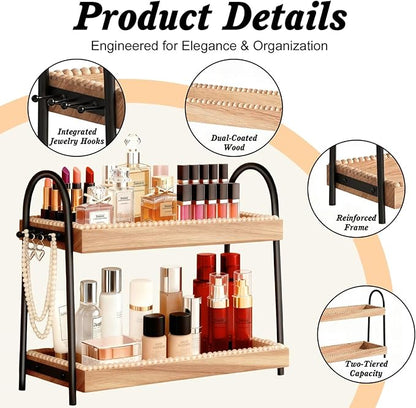 2-Tier Bathroom Countertop Organizer with 8 Hooks -Wooden Perfume & Makeup Storage Tray for Vanity Dresser, Farmhouse Skincare Organizer & Jewelry Holder for Kitchen Coffee Station