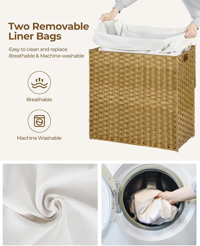 Greenstell Laundry Hamper with Lid, 125L Laundry Basket with 2 Removable Liner Bags & 2 Mesh Bags, Handwoven Synthetic Rattan Clothes Hamper for Clothes, Toys in Bathroom, Bedroom, Foldable, Natural