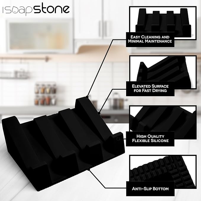 Silicone Soap Dish (USA Patented) Self Draining Bar Soap Holder for Shower Bathroom Sink, Drying Soap Dish Tray Sponge Holder Easy Cleaning Soap Saver Travel Accessories (Black, 2)