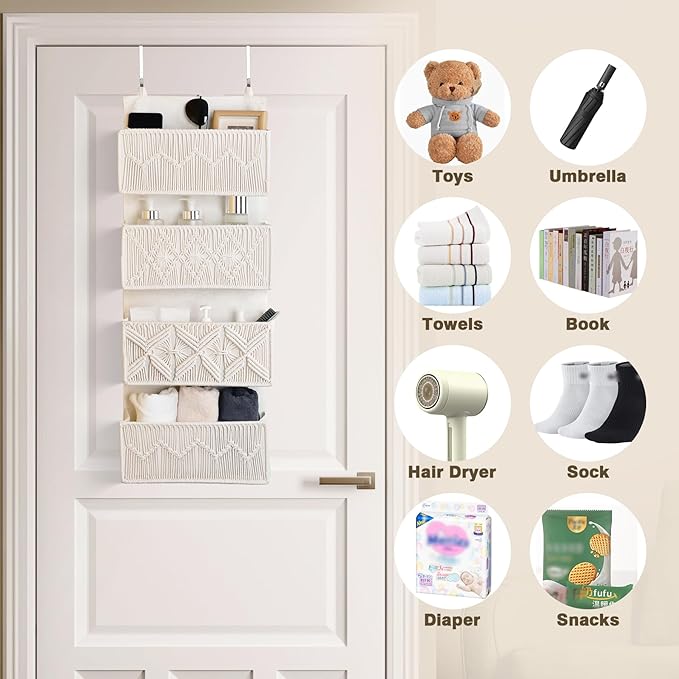 janebeauties Over the Door Organizer Macrame Boho Nursery Storage with 4 Large Woven Pockets, Hanging Basket for Bathroom, Nursery & Closet Doors, Behind the Door Storage Organizer, Cream White