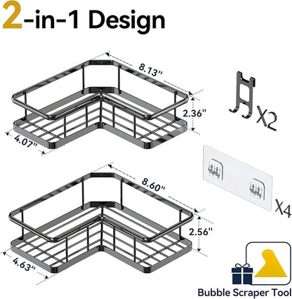 YASONIC Corner Shower Caddy 2 Pack, No Drill Adhesive Shower Storage Shelves, Rustproof Stainless Steel Wall Mounted Bathroom Organizer Shelf with 2 Removable Hooks for Dorm & Renters, Black